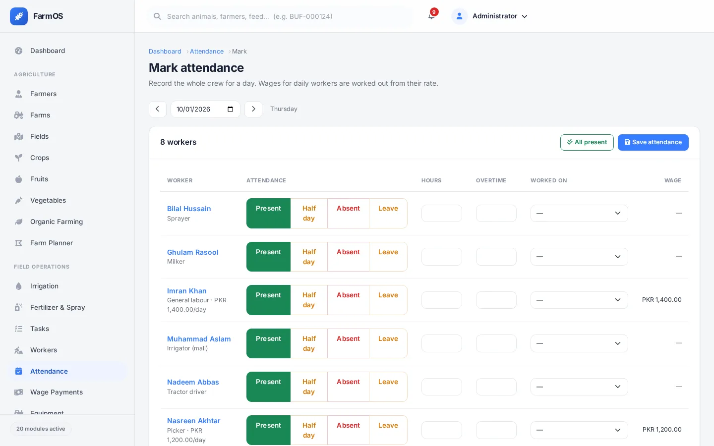 FarmOS: Daily attendance for the whole crew on one screen
